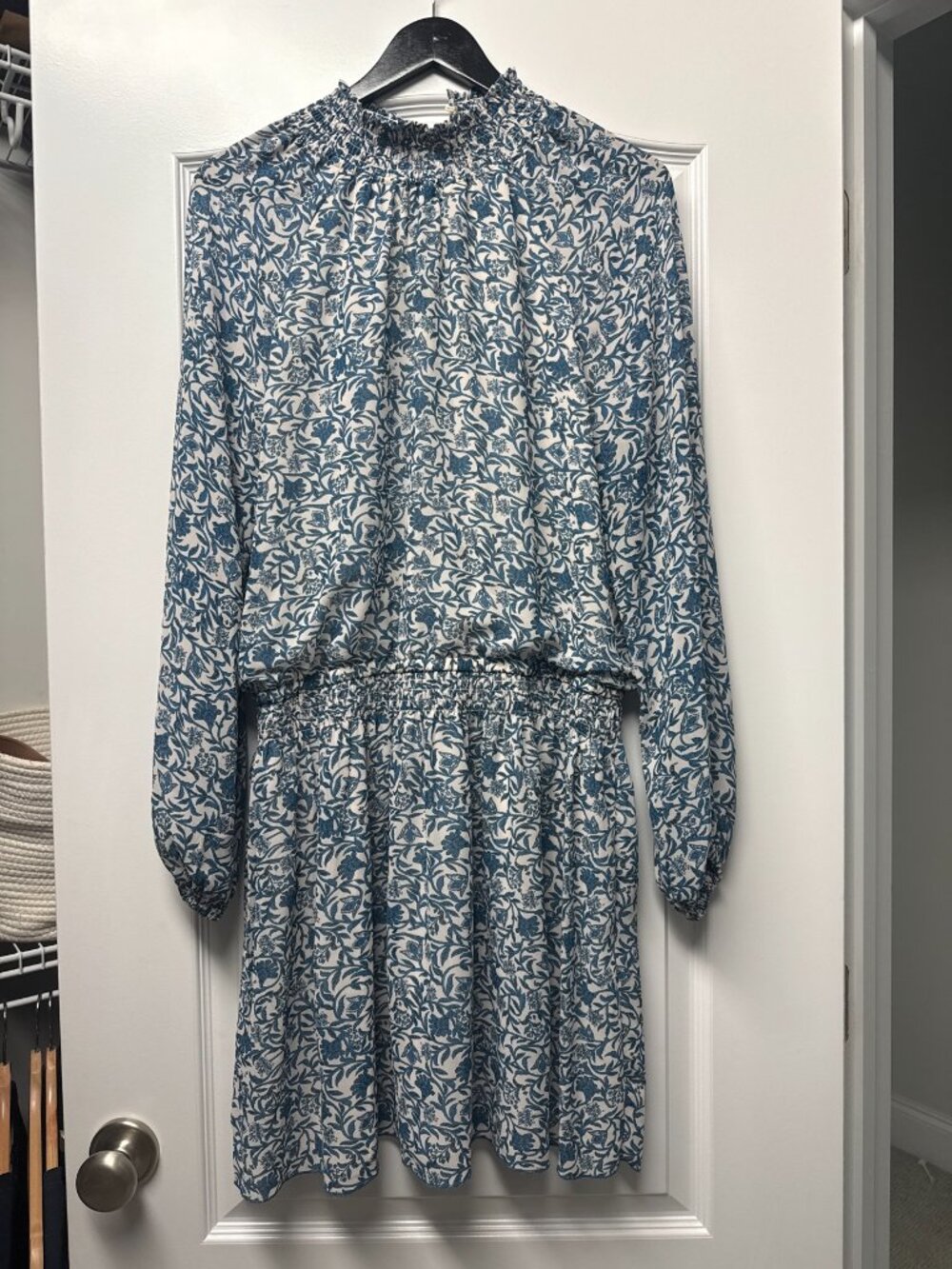 Melloday Blue Floral Smocked Midi Dress — Long Sleeve, Size XL